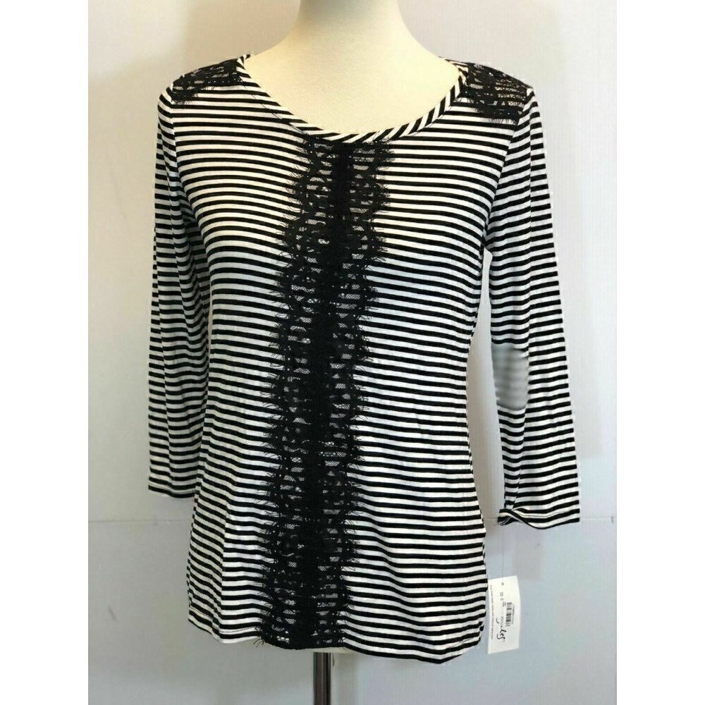 Maison Jules Women's Black Striped Lace-trim Top S - Picture 7 of 9